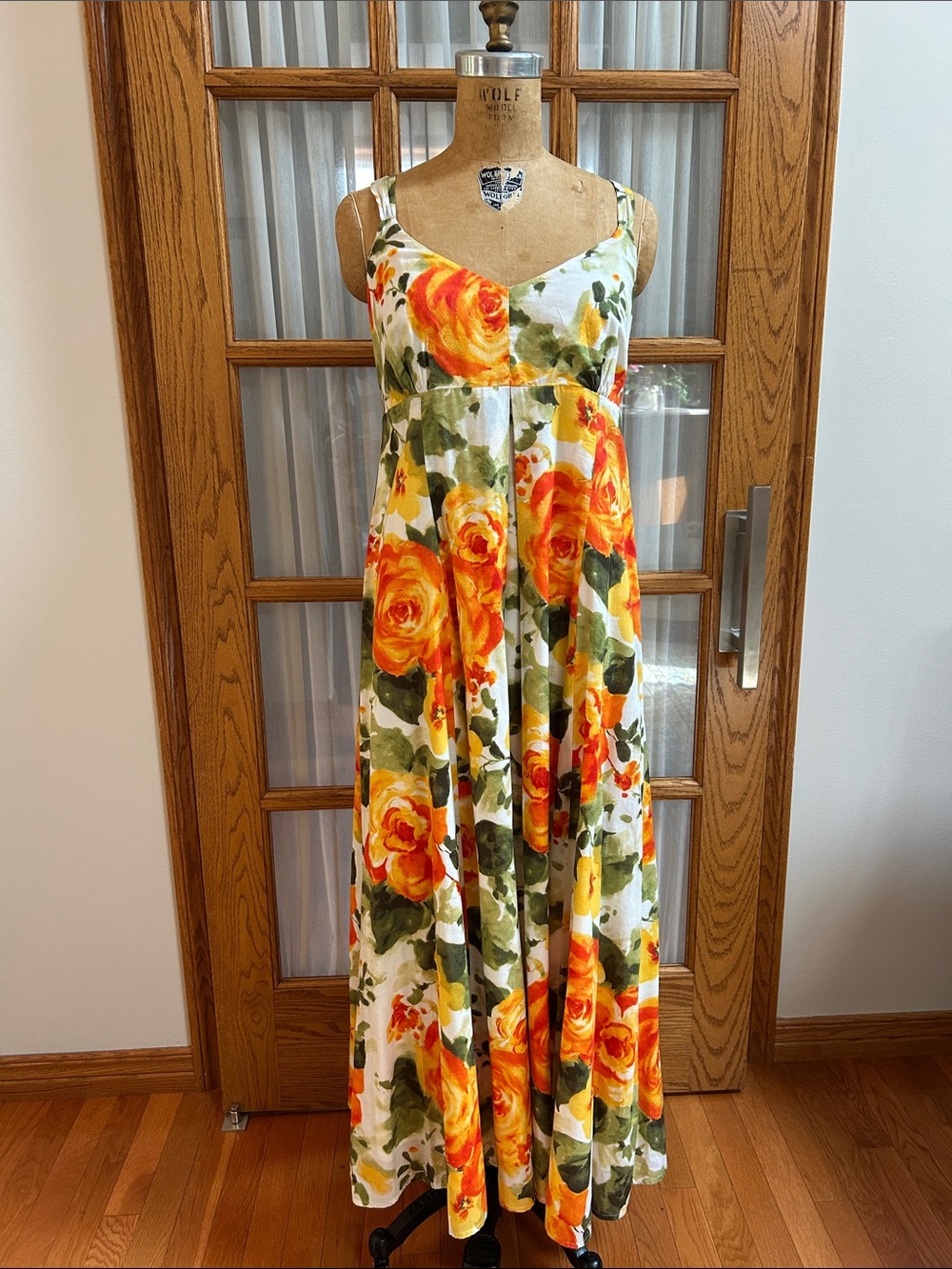 Elegant empire waist, full length floral garden party dress by Jones of New York